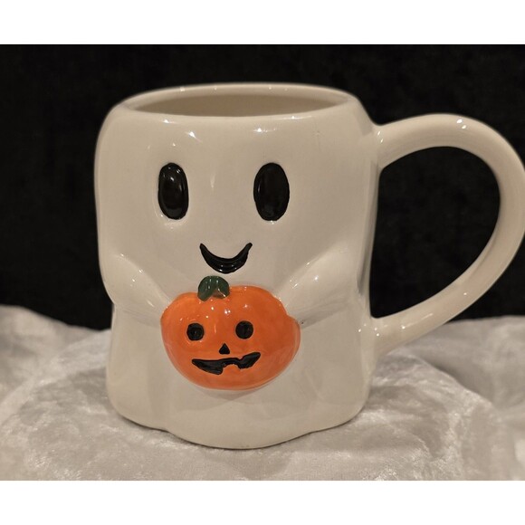 Cute Hand Painted Halloween Ghost With Pumpkin Ceramic - Picture 1 of 6